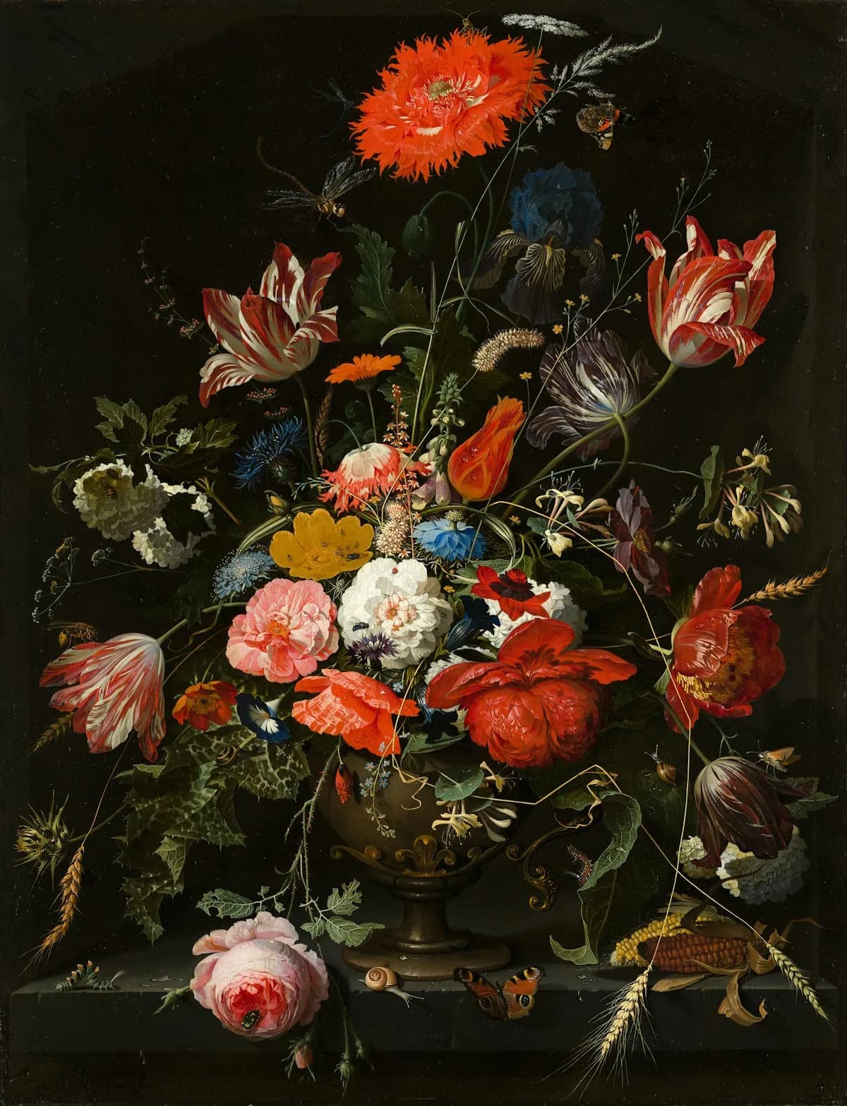 Cuadro de flores sobre fondo oscuro